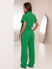 Women's Long Tailored Linen Set - Cropped Blouse And Pants - GREEN SPINACH LINEN - View 3