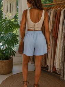 Bermuda ligera mujer short unicolor con costura de contraste, pantalón corto con cintura ajustable dama para vacaciones - Azul - Ver 4