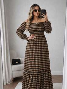 Adult Plus Size Long Plaid Dress With 3/4 Sleeves, Adjustable Elastic Waistband, Perfect For June Festivals, Country Fashion, Loose Fit, And Comfortable. - Nâu/Đen - Xem 8