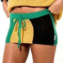 WOMEN Jamaican Flag Inspired Knitted Mini Skirt With Drawstring Waist Color Block Pattern Holiday Caribbean Theme, World Cup 2026 Sporty Chic Game Day Football Blokecore Streetwear Jersey - Multicolor - Ver 4