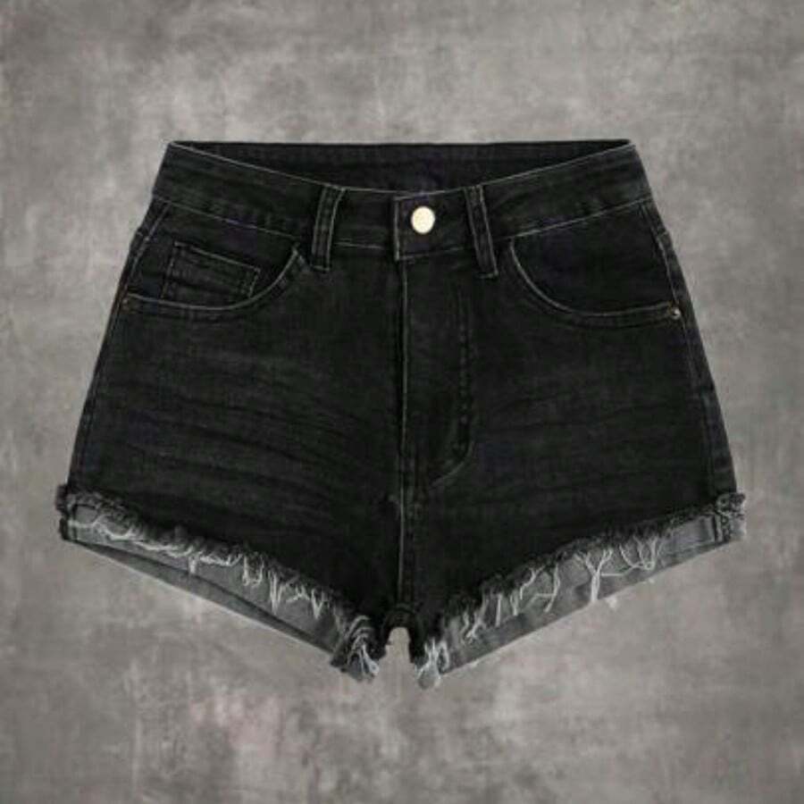 Grunge Punk Solid Raw Hem Low Waist Denim Shorts, School - Negro - Ver 1