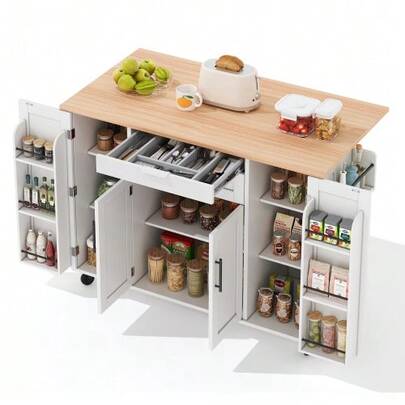 120*45 Cm, Mobile Kitchen Island, Kitchen Trolley, Worktop Extendable Up To 70 Cm, Hidden Cutlery Drawer, Adjustable Shelves, Spice Rack And Towel Rack, Suitable For Kitchen, Dining Room Or Living Room.