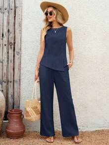 2 piezas Conjunto casual de uso diario con top y pantalones con diseño de abertura de jacquard para mujer - Azul marino - Ver 7