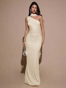 Vestido de malla ajustado con drapeado asimétrico, elegante y sexy vestido de gala para fiesta, boda, cumpleaños, Navidad, Halloween - Amarillo claro - Albaricoque - Ver 7