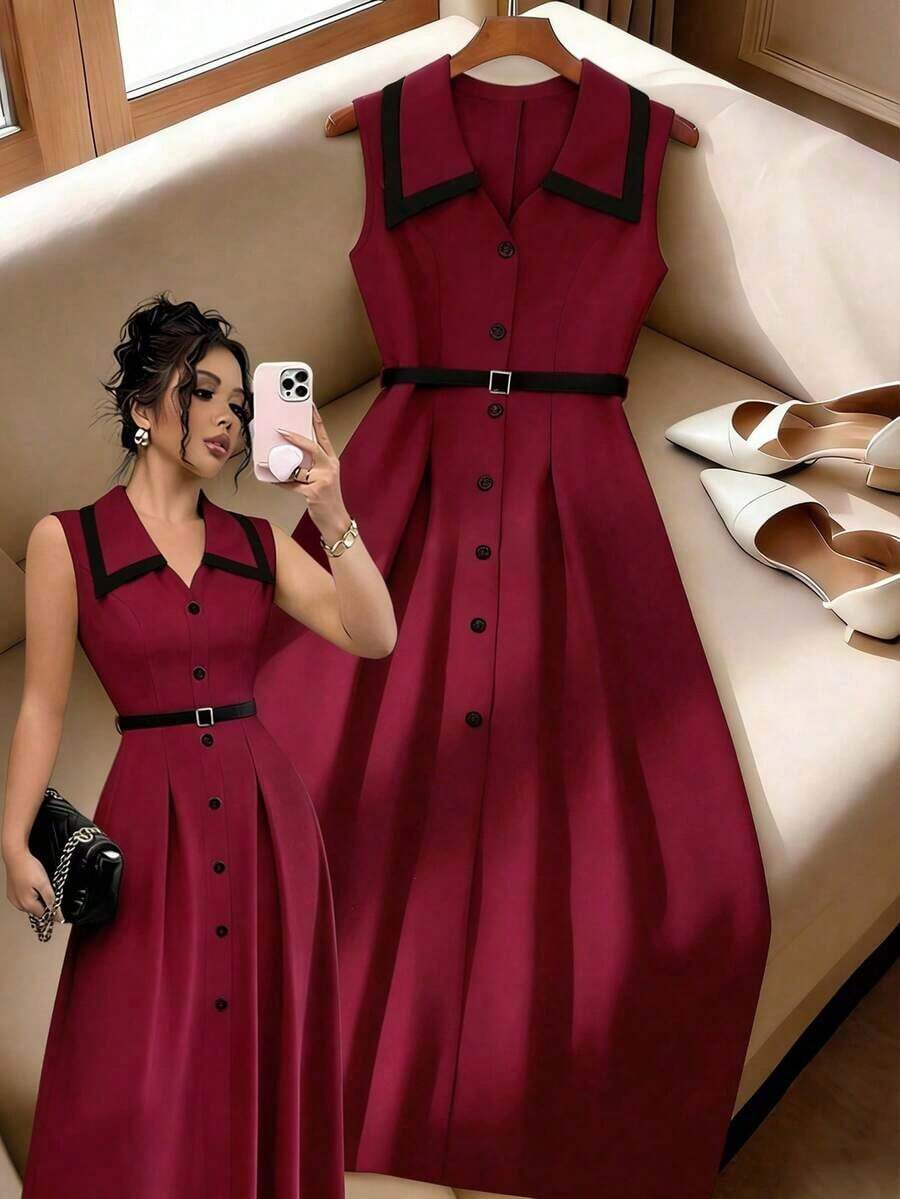 Vestido midi ajustado con botones, cintura ceñida, cuello de solapa, elegante y vintage, en color albaricoque/negro, de tela de calidad, adecuado para primavera/verano y uso diario - Multicolor 6 - Ver 1