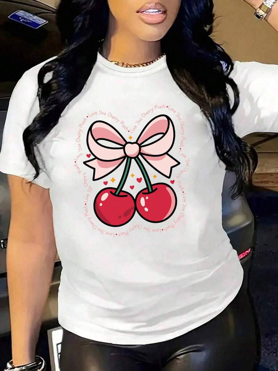 Oversized White T-Shirt With Cherries And The Phrase "Love You Cherry Much", Ideal For Casual And Date Outfits. Loose-Fitting Youth T-Shirt With A Cherry Design And Pink Bow, A Flirty Style To Pair With Jeans Or Leggings. Summer T-Shirt With A Cherry Graphic And Text, A Feminine And Flattering Style. - YH430-白色 - 查看 1