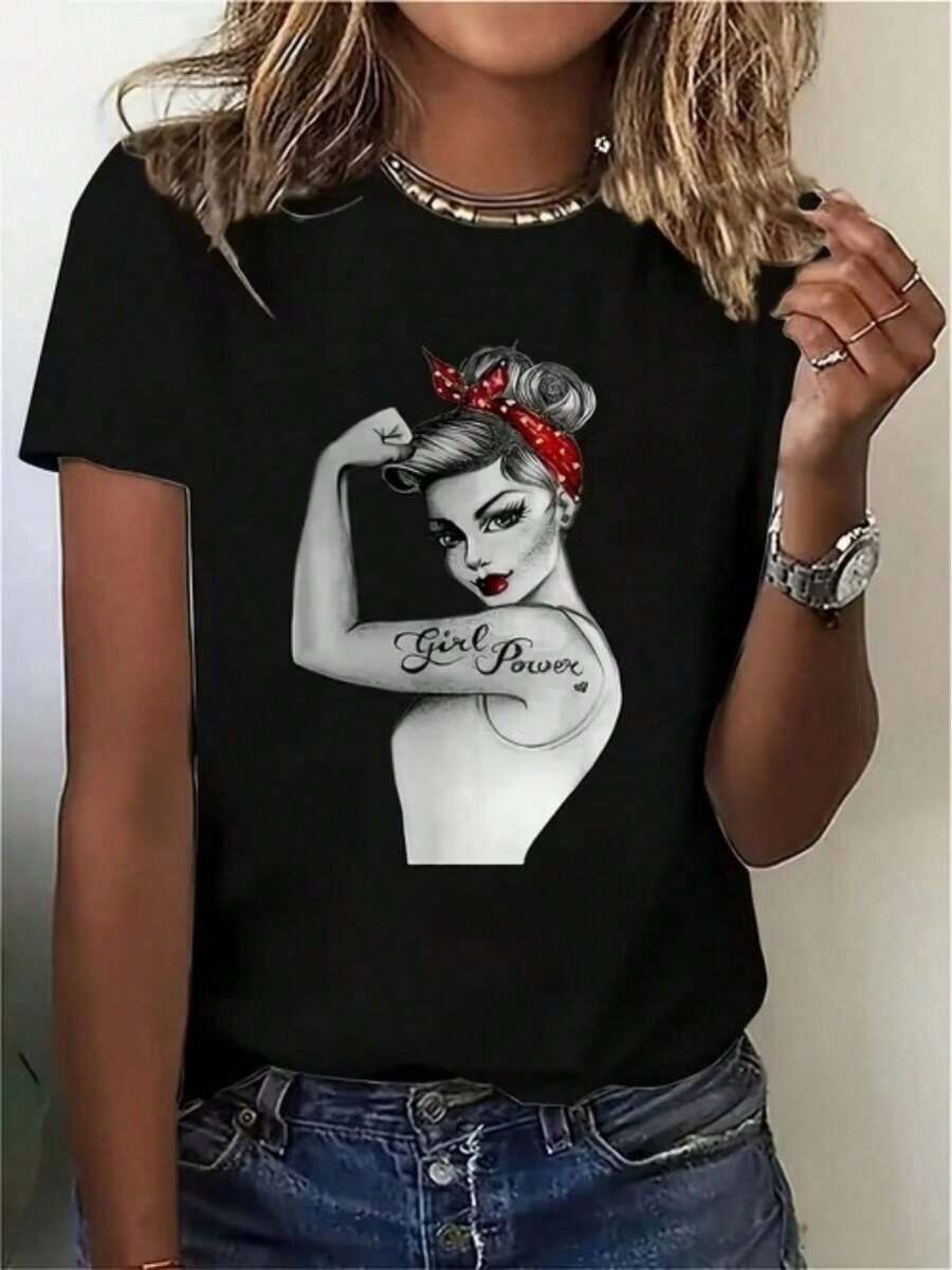 Camiseta estampada para mujer, top casual de manga corta con estampado de ilustración de Girl Power y Mujer Fuerte, adecuada para salidas diarias y vacaciones - Camiseta unisex de estilo vintage urbano, holgada, de algodón, manga corta y cuello redondo. - Negro - Ver 1