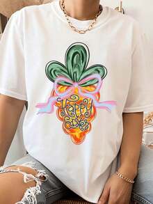 Camiseta con Estampado de Piña para Pascua, para Mujer, Primavera Verano, Estilo Casual, Ropa Festiva, Regalo de Pascua, Diseño Artístico, Camiseta Moderna y, Estilo Vintage Urbano, Unisex, de Algodón, Manga Corta, Cuello Redondo, Corte Holgado - Blanco - Ver 1