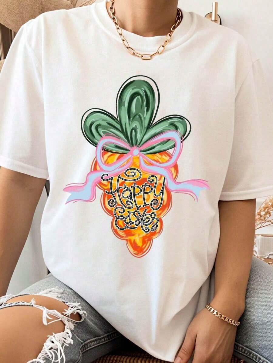 Camiseta con Estampado de Piña para Pascua, para Mujer, Primavera Verano, Estilo Casual, Ropa Festiva, Regalo de Pascua, Diseño Artístico, Camiseta Moderna y, Estilo Vintage Urbano, Unisex, de Algodón, Manga Corta, Cuello Redondo, Corte Holgado - Blanco - Ver 1