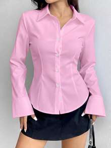 Camisa de manga larga con cuello y botones, de corte slim, de primavera/otoño para mujer, de moda minimalista, elegante y casual, esencial para deportes - Rosa Pálido - Ver 2