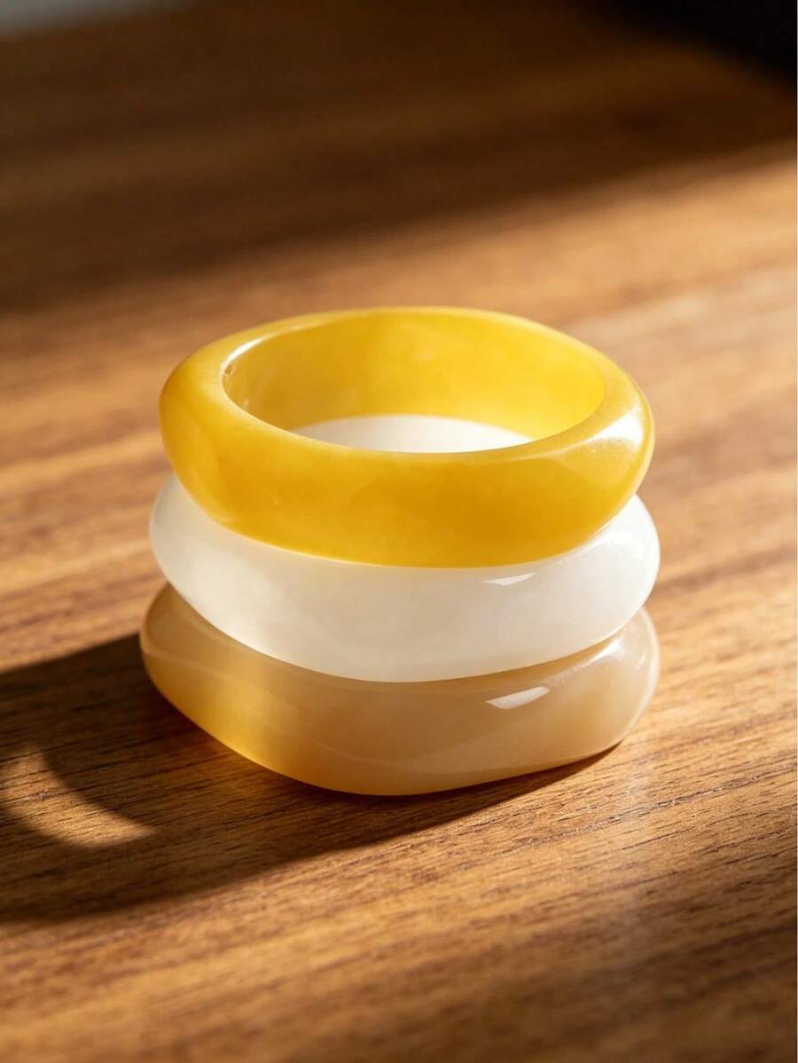 1/3pcs Set Vintage Acrylic Bangle Bracelet, Yellow White Beige Dopamine Color Scheme, Bright Summer Elegant Minimalist Resin Bracelet Set, Suitable For Daily Wear, Vacation, Holidays, Best Gift For Girls, Girlfriends, Friends, Family - Multicolor - View 1