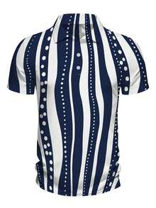 Men's Vacation Casual Three-Button Polo Shirt, Old Money Style, Men's Casual Everyday Wear. Blue And White Vertical Stripes With Dotted Accents This Short-Sleeved Casual Polo Shirt Features A Button-Down Collar And Is Suitable For Vacations And - Phong cách - Xem 3