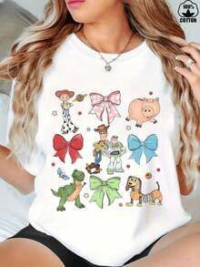 Disney Toy Story Characters With Bows And Ribbons Print In White – Simple Casual Style Graphic T-Shirt Made Of 100% Pure Cotton. Soft And Comfortable Round-Neck Short-Sleeve Shirt, Streetwear Fashion Item For All Seasons, Casual Streetwear |   Round-Neck T-Shirt - 白色 - 查看 5