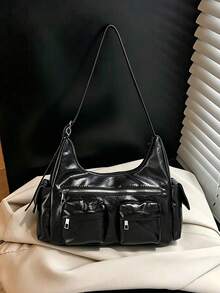 Y2K Retro Fashion PU Leather Multi-Pocket Shoulder Crossbody Bag, Perfect For Commuting And Daily Outfits - Black - View 7