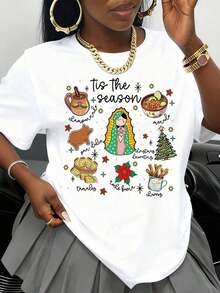 ropa de mujer Tis The Season Camiseta de mujer para Navidad mexicana con estampado de la Virgen de Guadalupe y alimentos tradicionales para regalo navideño Ropa festiva de invierno camisas de mujer - Blanco - Ver 6