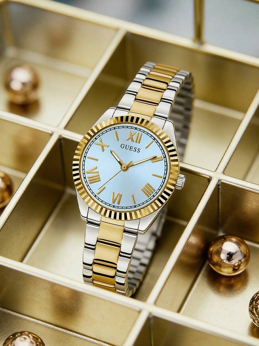 Guess Women's Ice Blue Dial Two-Tone Watch Gold Fluted Bezel Roman Numeral Stainless Steel Bracelet Luxury Fashion Ladies Quartz Wristwatch — Elegant for Brunch, Office, Date Night, Wedding & Travel | Mom Wife Girlfriend Sister Birthday Mother's Day Anniversary Giftent Anniversary Giftent Sister Birthday Mother's Day Anniversary Giftent Anniversary Gent。 - 銀間金 - 查看 1