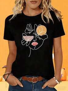 Women's Short-Sleeved T-Shirt In Black And White With An Abstract Floral Design. This Casual White T-Shirt Features Short Sleeves And A Round Neck, Making It Ideal For A Fashionable Summer Look. Perfect For Leisure, Vacations, Outdoor Activities, Parties, Or As A Gift. - 黑色 - 查看 8