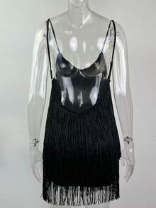 Fitted Multi-Layered Sequined And Fringed Strapless Evening Dress - Black - View 6