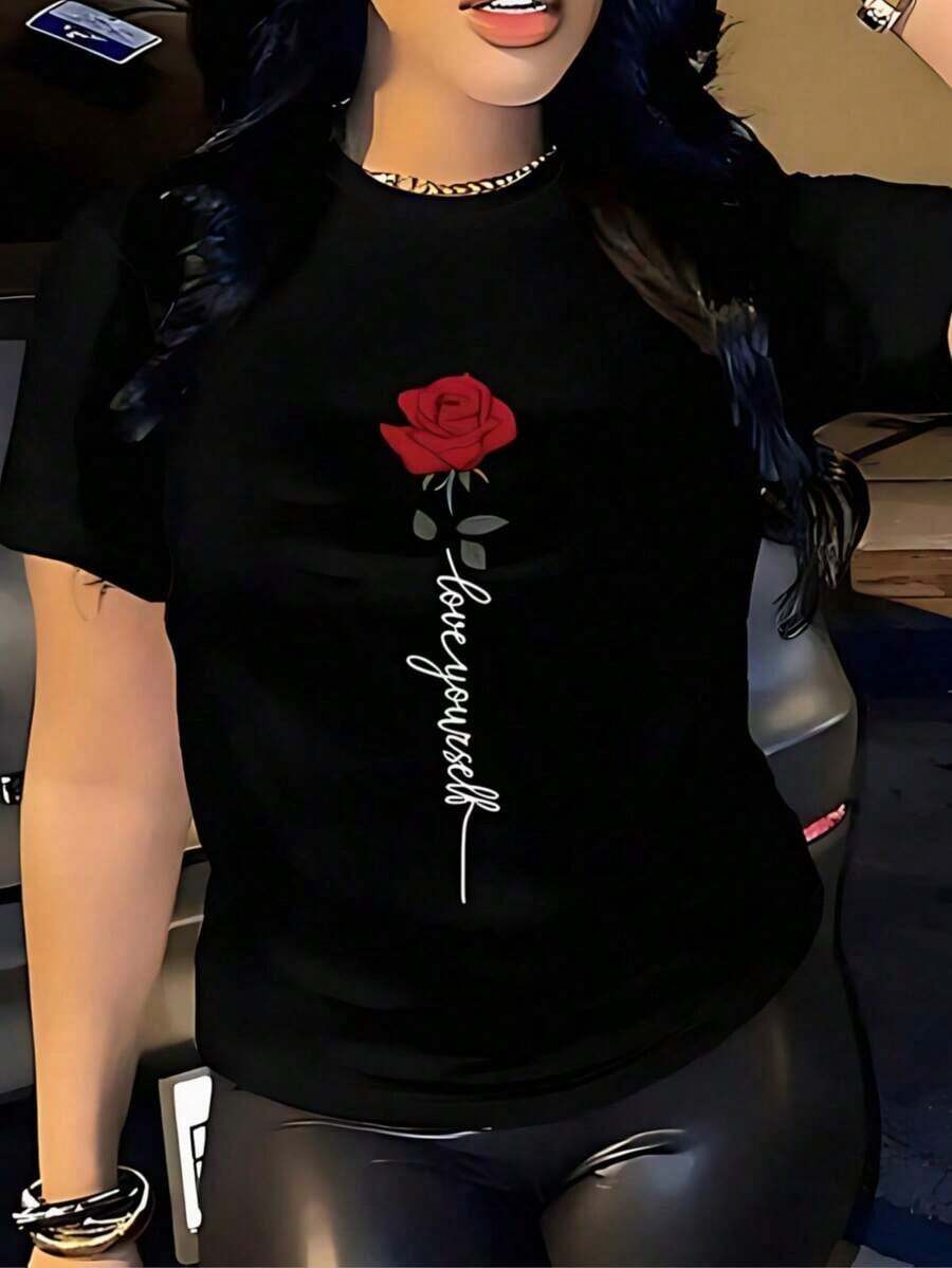 short sleevesMujer Camiseta de mujer México Envío Tela transpirable de alta calidad Estampado de Lavado a máquina Fresco Deportes Cuello redondo Casual Manga corta Versátil Nueva Era Lavable a máquina, top casual de cuello redondo de deportes de trabajo estudiantil, moda cómoda y moderna | vestidos de mujer verano almacen localCamiseta de manga corta negra con un hermoso rojo rosa y el mensaje "love yourself" impresoLeisure - Negro - Ver 1
