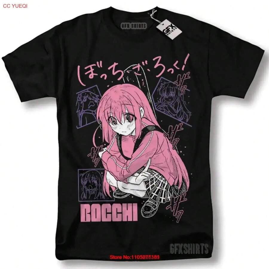 Camiseta Hitori Gotou Bocchi The R1OCk Kawaii YamA1DA Nijika Ijichi Anime vintage Lavada Versátil Elástica Ropa urbana vintage Camiseta de manga corta de algodón puro 220G para hombre y mujer, tejido grueso, resistente a las arrugas y que no se deforma fácilmente. Estilo sencillo y versátil, ligero y transpirable, perfecto para ir al trabajo, viajar, acampar, ir de compras y el tiempo libre diario. - Negro - Ver 1