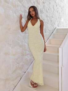 Elegant European-Style Maxi Dress For Women With A Halter Neck, Lace Trim, And A Slit; Fitted And Flattering. - Yellow - View 2