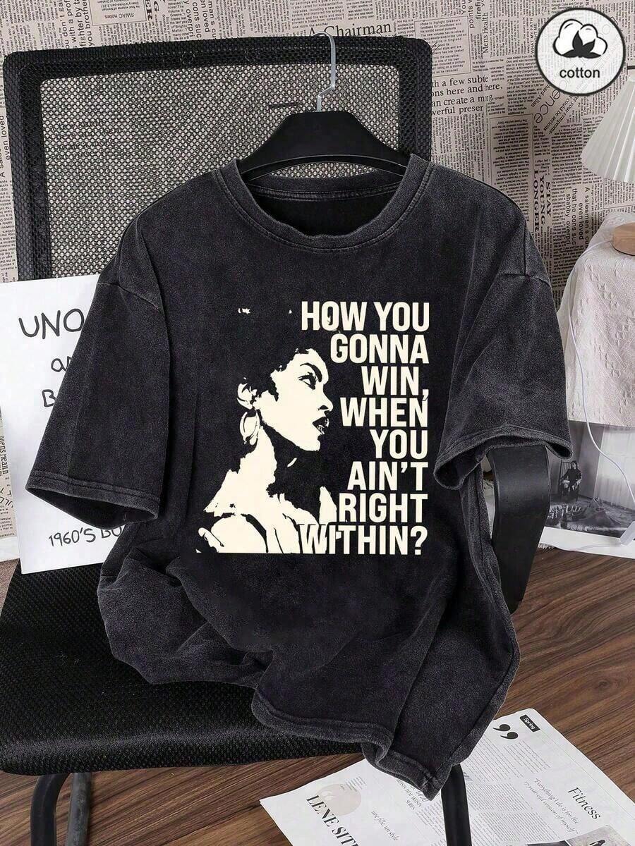 Lauryn Hill's New "How You Gonna Win, When You Ain't Right" Cartoon-Style Letter Print, Retro And Fun, For Women With An Americana Vibe. Korean Streetwear-Style Y2K Women's Cloth - 後退 - 查看 1