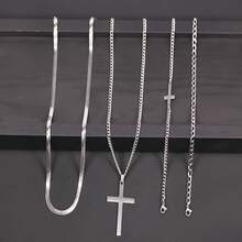 Set Gelang & Kalung Salib Stainless Steel 4 Buah, Gaya Minimalis dan Modis, Cocok untuk Pemakaian Sehari-hari, Hadiah - Set Salib Perak 4 Buah - View 4