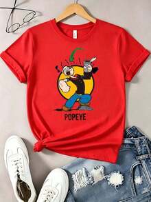 Playera roja de algodón para mujer con estampado de personaje de caricatura retro en acción con lata de espinaca, estilo nostálgico y llamativo, ideal para uso diario, salidas casuales y looks de verano Blusas Bonito 100% Cotton - Rojo - Ver 1