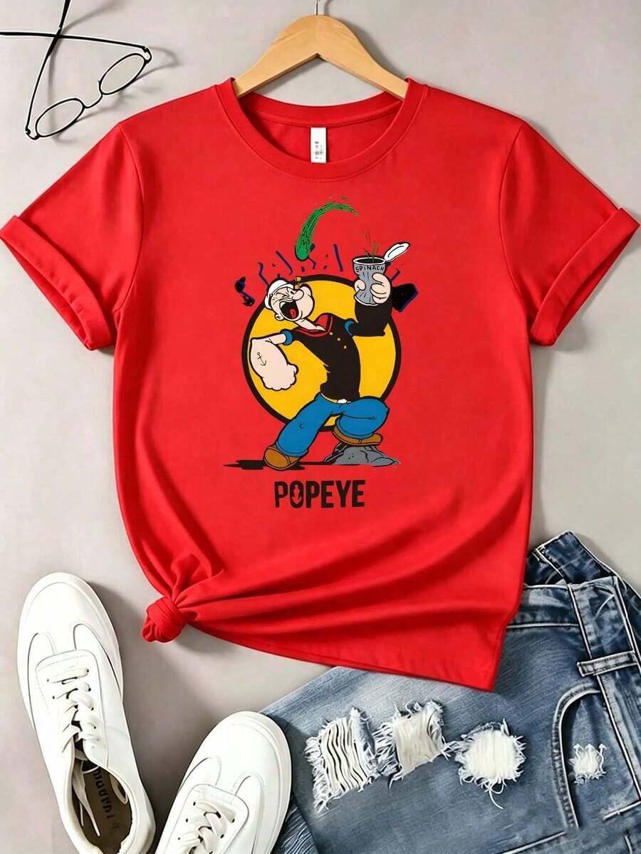 Playera roja de algodón para mujer con estampado de personaje de caricatura retro en acción con lata de espinaca, estilo nostálgico y llamativo, ideal para uso diario, salidas casuales y looks de verano Blusas Bonito 100% Cotton - Rojo - Ver 1