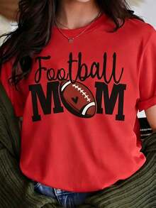 Playera Blanca de Mujer con Gráfico de "Football MOM" y Detalle de Corazón, Camiseta Deportiva de Fútbol Americano de Manga Corta, Top Lindo para Día de Juego, Blusa Casual de Mamá Futbolera para Eventos Escolares Blusas Bonito 100% Cotton - Rojo - Ver 1