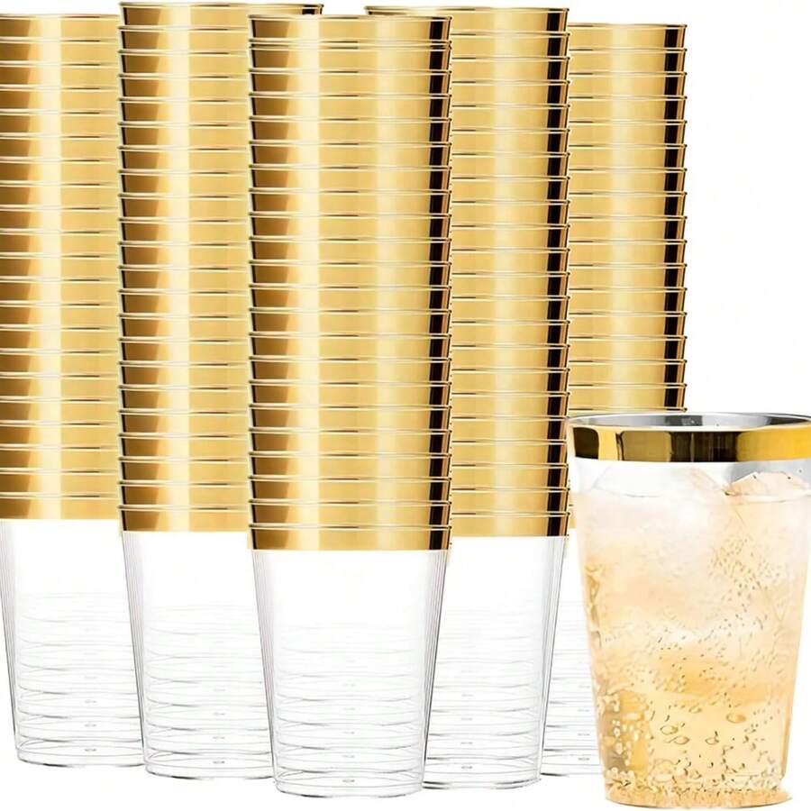 10pcs Gold-Color Cups, 6.76oz Transparent Cups With Gold Rim, Gold Beer Mugs, Durable Party Cups, Premium Gold-Edged Cups, Ideal For Weddings And Parties - View 1