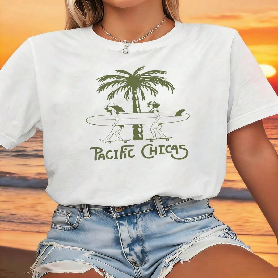 Women's Casual Cotton Round Neck Short Sleeve T-shirt with Pacific Chicas Surf Graphic Print - Blanco - Ver 1