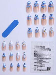 24 autocollants pour nail art rayures bleu et blanc d'été, style français, art des ongles peint à la main 3D fruits de myrtille, fleurs 3D à pois frais, série pastorale bleu et blanc, convient pour les fêtes de filles et le travail quotidien. Livré avec des outils et des ongles - Multicolore - Voir 2