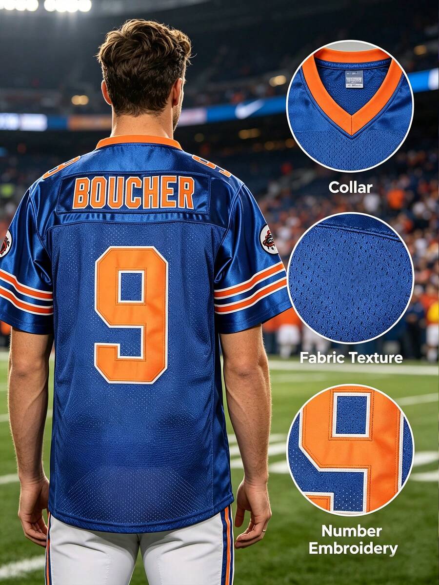 Men's The Waterboy Football Jersey, Number 9 Embroidery Contrast Blue Trim V-Neck Breathable Mesh Short Sleeve Athletic Shirt, Quick Dry Casual Football Top For Men Training Game Gym Daily Street Wear - Navy Blue - View 1