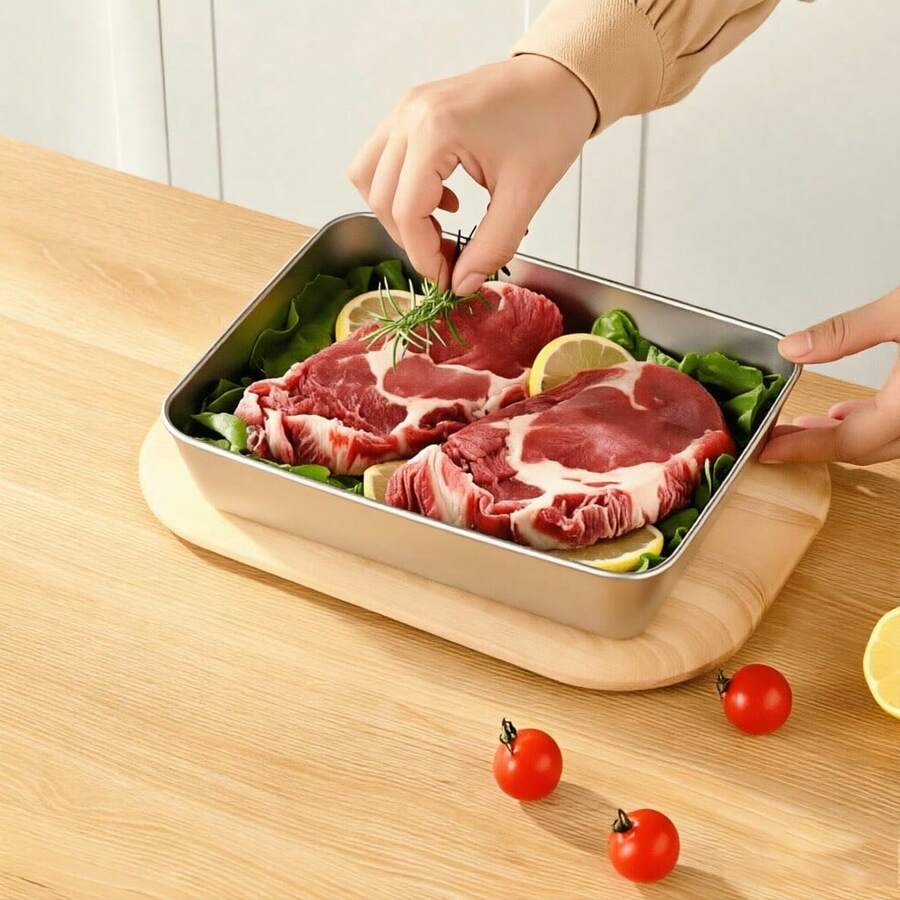 1pc/4pcs Stainless Steel Food Storage Container, Rectangular Picnic & Fridge Box, Kitchen Meal Prep Tray & Home Flat Serving Tray