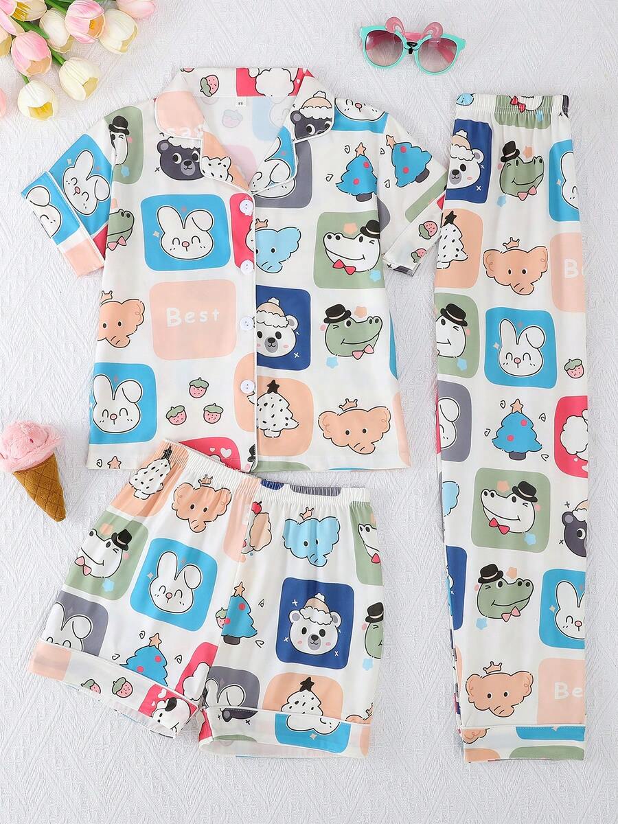 3pcs/Set Girls' Casual Cartoon Animal Print Polo Collar Short Sleeve Cardigan, Shorts & Pants Sleepwear Set, Flame Retardant, All Season - Multicolor - View 1