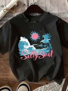 Short-Sleeved T-Shirt With Summer Beach-Style Print, Round Neck, Casual Top, Suitable For Spring And Summer, Classic Women's Clothing, Simple, Elegant And Versatile, 100% Cotton. - 黑色 - 查看 1