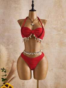 Bellisia Conjunto de tankini de mujer con tirantes finos, patrón de onda beige con decoración de concha marina y estrella, para primavera/verano/otoño, conjunto de ropa de vacaciones para mujer, traje de baño de bikini con cobertura, conjunto de ropa de verano para mujer de 2 piezas - Rojo - Ver 3