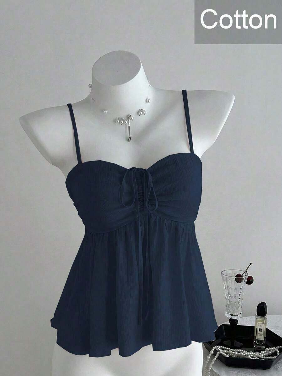 Camiseta de tirantes con volantes de unicolor lindo para damas, ropa de verano para la universidad - Azul marino - Ver 1