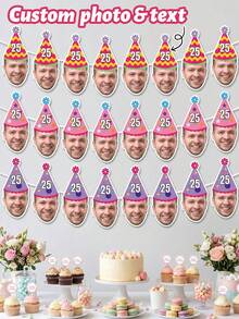 7/14/21pc Custom Photo & Text Birthday Banner, Personalized Age Party Hat Cutout Garland, 18th/21st/25th/30th Milestone Decor, Colorful Pastel Party Keepsake - Multicolor - View 2