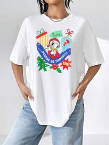 Estampado colorido con pato animado celebrando regalos de Navidad rodeado de árboles y cintas festivas que transmite alegría y espíritu navideño camiseta de mujer casual de manga corta  cómoda y suave ideal para uso diario - Blanco - Ver 6