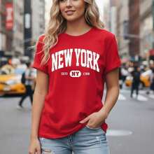 Women's Cotton T-Shirt With "NEW YORK ESTD 1788" Print, Classic Round Neck, Short Sleeve, Casual Style, Loose Fit, Sizes S-5XL, Vintage Letter Print For Everyday Wear, In Black And White. - 紅色 - 查看 12