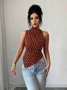 Blusa ajustada con dobladillo asimétrico y lunares rojos, top elegante para fiestas de Navidad y Año Nuevo, verano - Café integral - Ver 5