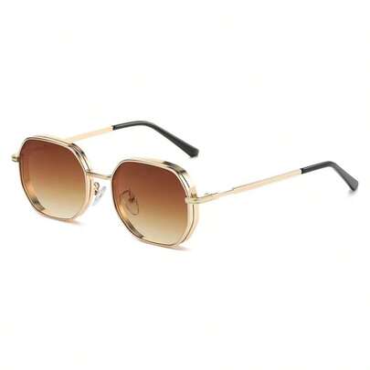 1pc Summer Men's Metallic Glasses Outdoor Indoor Decorative Fashion Street Glasses Geometric Polygon Glasses Women's Black Glasses Gold Glasses Silver Glasses Brown Glasses Cool Fashion Glasses Suitable For All Seasons Sunny Days Thickened Frame Hexagonal Breathable Hole Design Decoration (Randomly Distributed PU Glasses Case Or Paper Box)