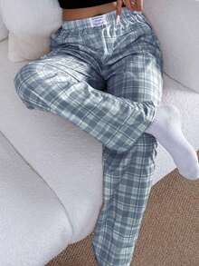 Pantalones de estar por casa rectos de cintura elástica con estampado de cuadros para mujer, para invierno - Azul - Ver 1