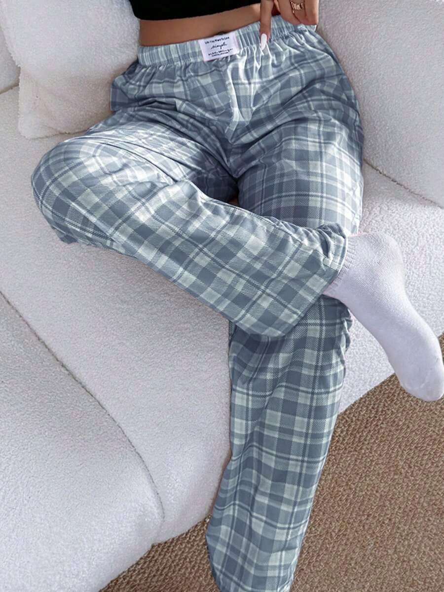 Pantalones de estar por casa rectos de cintura elástica con estampado de cuadros para mujer, para invierno - Azul - Ver 1