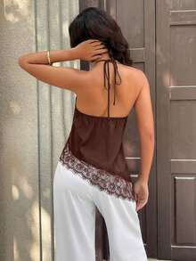 Camiseta de tirantes finos y sin mangas casual y sexy para mujer, camisola de satén con bajo asimétrico de malla, adecuada para citas nocturnas, vacaciones, despedidas de soltero y fiestas de cumpleaños en verano - Marrón - Ver 2