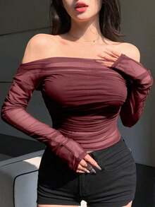 Top corto negro elástico y sexy con hombros descubiertos, para primavera/verano - Burdeos - Ver 5