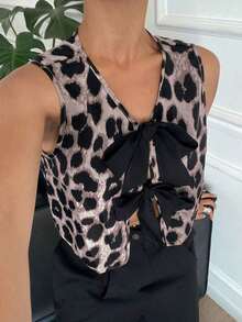 Camisa casual sin mangas con nudo delantero y estampado de leopardo para mujer - Rosa - Ver 5