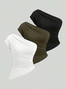 Sweetro Conjunto de top asimétrico con hombro fruncido elegante para mujer - Multicolor 2 - Ver 1